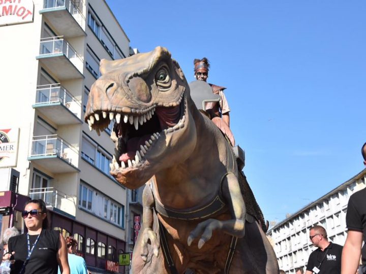 A T Rex walking in the streets of Boulogne sur mer